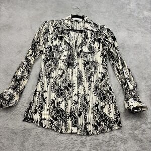 Swan Collection Sheer Mesh Button Shirt Womens L Black‎ Paisley Festival Artsy